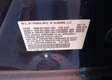 2017 Honda Pilot Touring from USA, damaged, VIN 5FNYF6H91HB035165